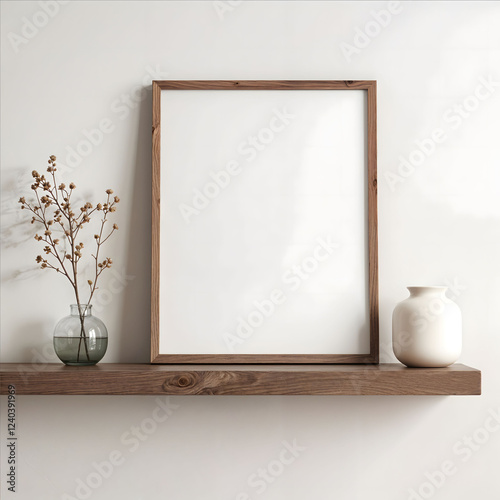 wall frame for mockup on the a natural dark wooden shelf, horizontal mockup, 2:3