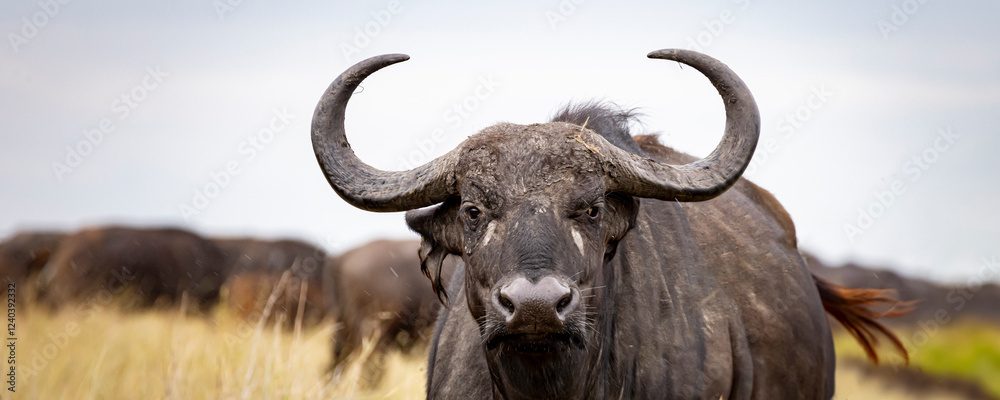Cape buffalo looking into camera in endless plains of Serengeti Area in Tanzania, East Africa Cape buffalo looking into camera in endless plains of Serengeti Area in Tanzania, East Africa