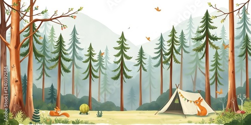 Woodland nursery frame with watercolor border of cute animals in forest landscape including squirrel, bunny, rabbit, and tent illustration, nursery, forest, landscape