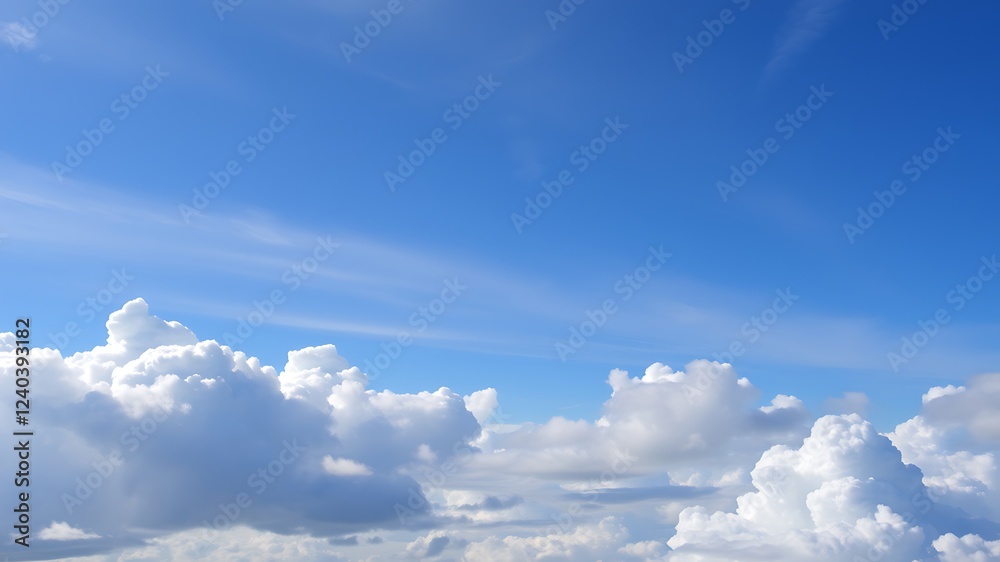 Fototapeta premium A breathtaking panoramic view of fluffy cumulus clouds against a vibrant blue sky, perfect for illustrating serenity and tranquility.