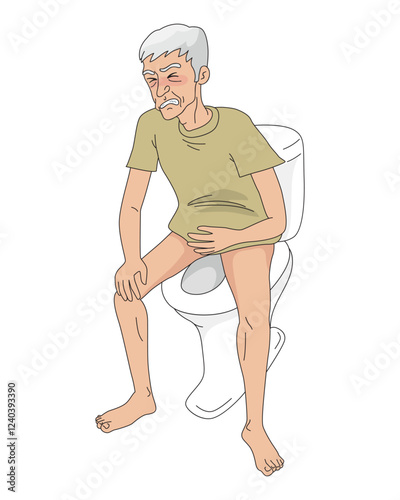 Constipated Old Man On Toilet. Illustration, Vector, Cartoon.