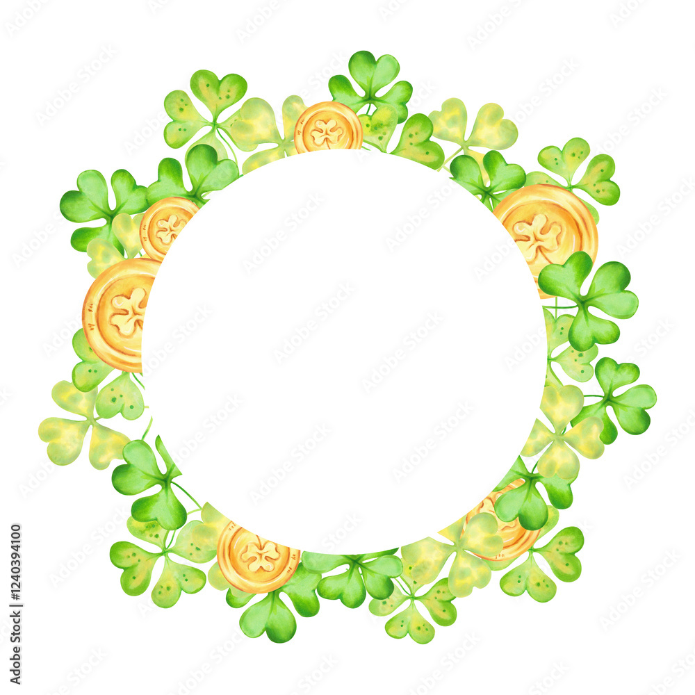 Naklejka premium Shamrock and four leaf clover with gold coins for St. Patrick's Day. Round frame. Watercolor illustrations. Hand drawn isolated art. Background with space for text. Sketch of luck, profit, success