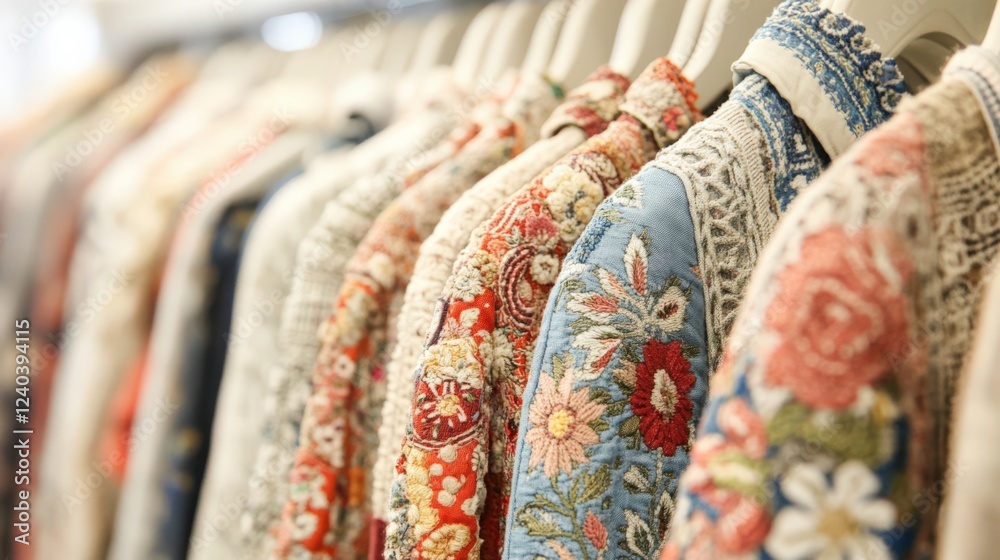 Fototapeta premium Exploring a Beautiful Display of Colorful Embroidered Textiles in an Artisan Boutique: A Showcase of Craftsmanship and Unique Fashion Choices