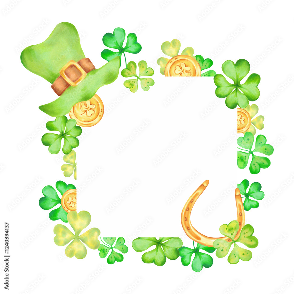Naklejka premium Clover leaf with gold coins, horseshoe and leprechaun top hat for St. Patrick's Day. Square frame with copy space. Watercolor illustrations. Hand drawn isolated art. Sketch of luck, profit, succes