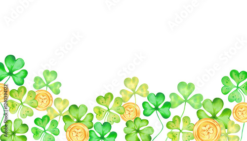 Shamrock and four leaf clover with gold coins for Patricks Day. Horizontal frame. Watercolor illustrations. Hand drawn isolated art. Background with space for text. Sketch of luck, profit, success