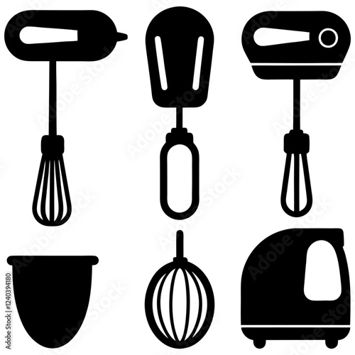 Set of hand mixer, blender, mixer machine silhouette vector icon illustration on white background.