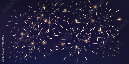 Festive fireworks with brightly shining sparks on transparent background - celebration card, festival banner. Holiday firework set, vector isolated on png.