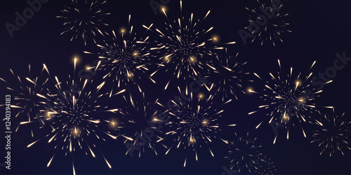 Festive gold fireworks with brightly shining sparks. Holiday fireworks. Realistic sparks and explosions. Golden pyrotechnics show in night sky. Vector illustration