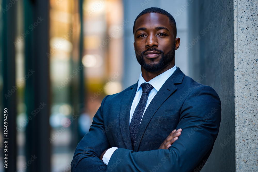 A man in a suit leaning against a wall with his arms crossed A man in a suit leaning against a wall with his arms crossed