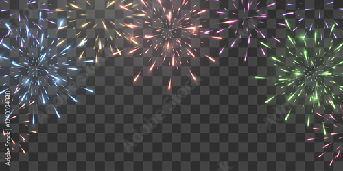 Festive fireworks with brightly shining sparks. Holiday fireworks. Realistic sparks and explosions. Colorful pyrotechnics show. Vector isolated on png background