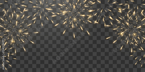 Festive fireworks with brightly shining sparks on transparent background - celebration card, festival banner. Holiday firework set, vector isolated on png.