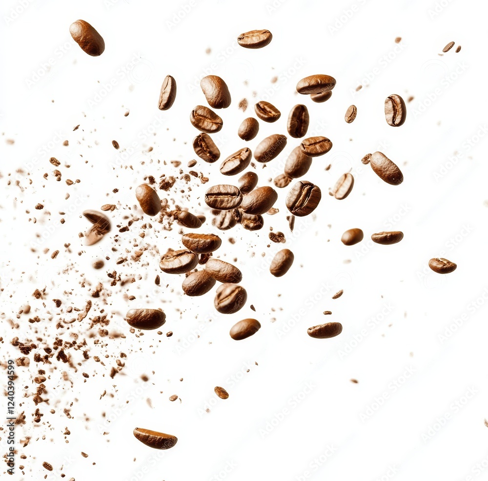 Obraz premium Roasted coffee beans and grounds explode on white