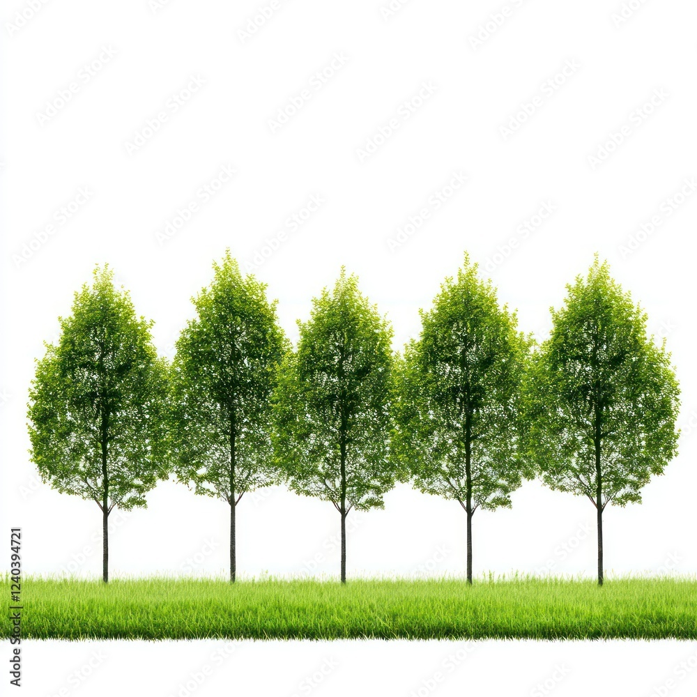 Five Green Trees Summer Nature Row park isolated on transparent background Five Green Trees Summer Nature Row park isolated on transparent background