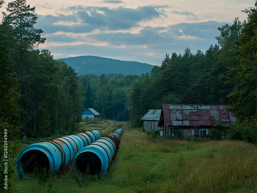 Obraz premium Forest pipeline sunset rural scene