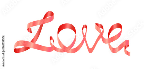 Word Love made from ribbon. Pink silk curly ribbon forms the inscription Love. Vector illustration for wedding invitation, romantic greeting card, valentine, certificate, banner.