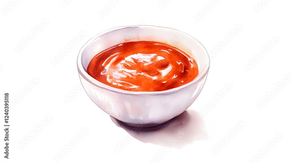 A bowl of reddish orange sauce sits on a white background A bowl of reddish orange sauce sits on a white background