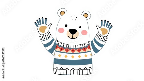 Hand drawn cute funny bear in striped sweater waving with text ahoy on white background, Scandinavian design for apparel, nursery print, cute, apparel, animal photo