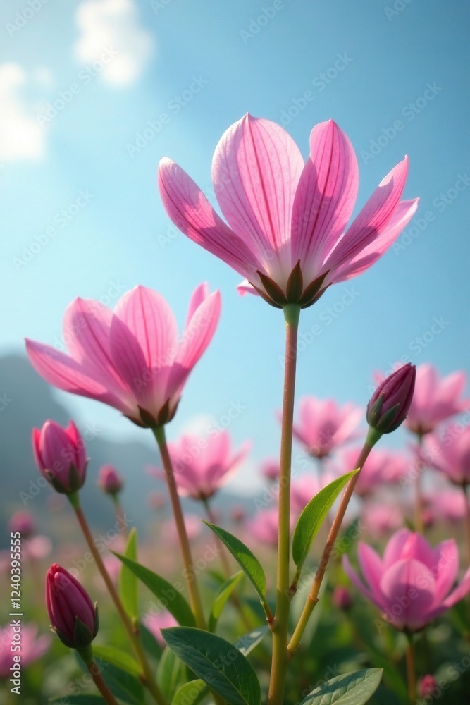 delicate pink centaurium erythraea flowers against light sky, natural world, bloom delicate pink centaurium erythraea flowers against light sky, natural world, bloom