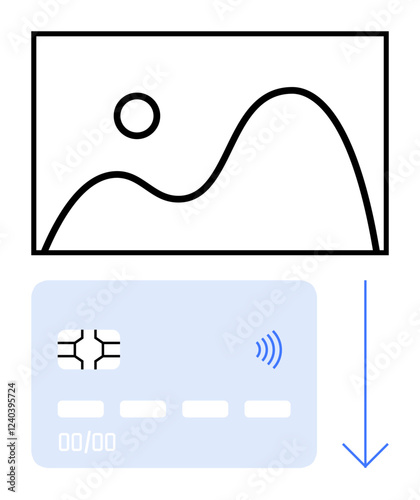 Minimalist image outline connecting to a contactless blue credit card with a downward arrow. Ideal for fintech, online payments, e-commerce, banking, secure transactions, tech innovation, abstract