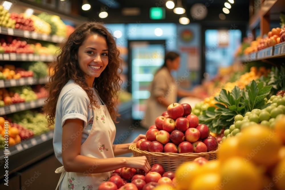 Woman is standing in front of fruit stand in store Woman is standing in front of fruit stand in store