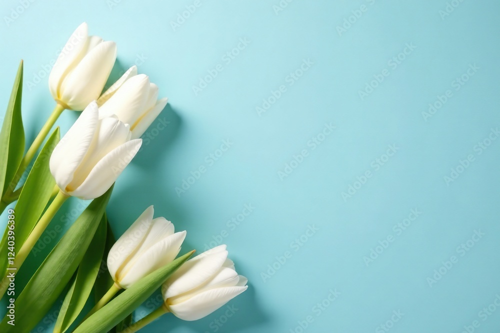 Naklejka premium Delicate white tulips scattered across a soothing blue surface, arrangement, petals