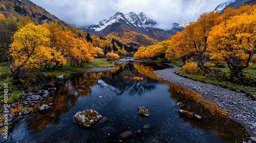 Autumnal mountain river reflection; scenic landscape, fall foliage