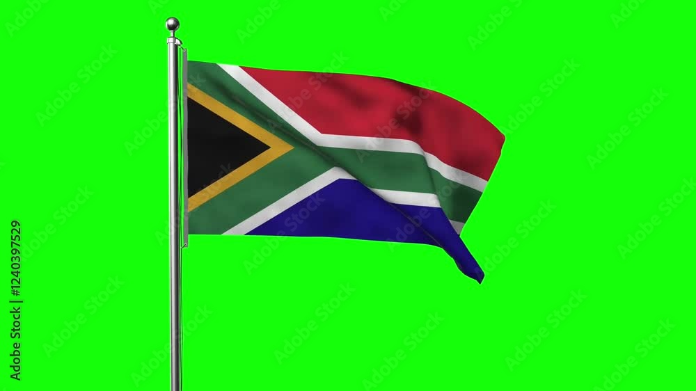 South Africa flag on pole waving smoothly with green screen background animation for easy keying