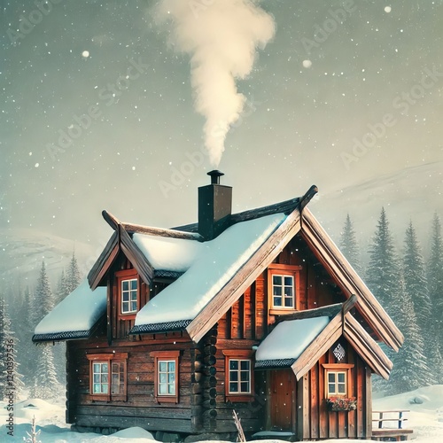 A cozy log cabin is covered in snow during a winter storm. Smoke rises from the chimney, suggesting a warm fire inside.