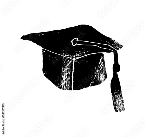 Graduation university or college black cap textured vector illustration isolated on white background. Element for degree ceremony and educational programs design.