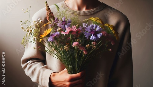 A person in a beige sweater holding a bouquet of colorful flowers, creating a charming and natural image. Perfect for themes of nature, gifting, or simple joys. photo