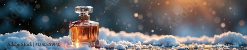 Elegant perfume bottle on snow-covered wooden table, present, snowflakes, elegantgift photo