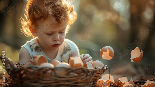 A child peering into a basket with cracked eggshells and discovering fantasy
