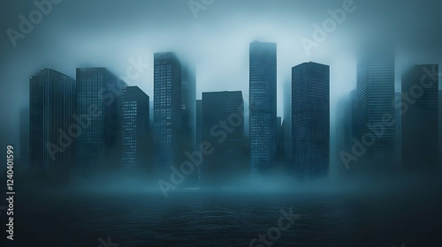 Foggy city skyline  waterfront  dark mood  climate change