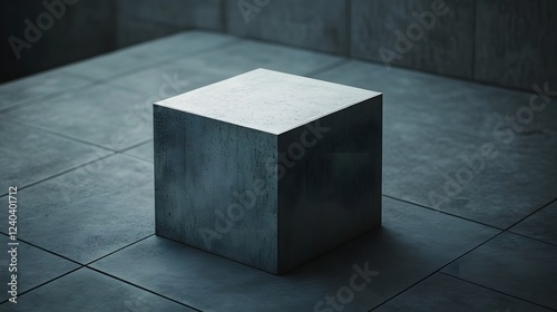 Dark Grey Concrete Cube on Tile Floor Minimalist Product Display