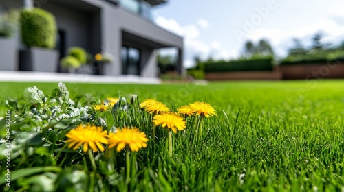 A lawn with a scattering of yellow dandelion flowers amid the grass