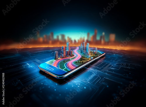 A futuristic cityscape miniature rests on a smartphone, symbolizing mobile technology and urban planning.  The vibrant scene is set against a blurred city backdrop, suggesting connectivity and progres photo