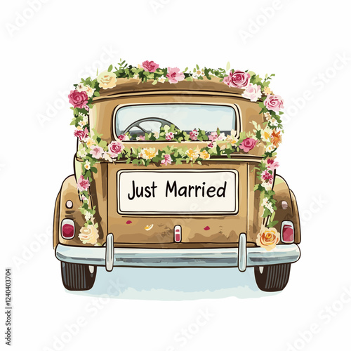Vintage Just Married car illustration. Watercolor hand painted wedding auto decorated with floral garlands Wedding concept illustration. Romatic design isolated on white