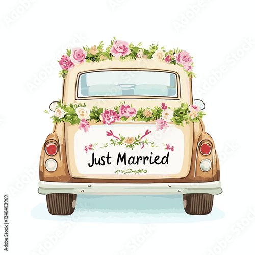 Vintage Just Married car illustration. Watercolor hand painted wedding auto decorated with floral garlands Wedding concept illustration. Romatic design isolated on white