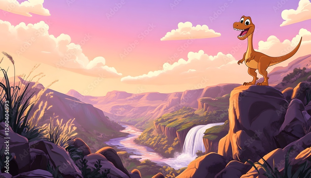 Fototapeta premium Happy Dinosaur on a Clifftop Overlooking a Scenic Valley