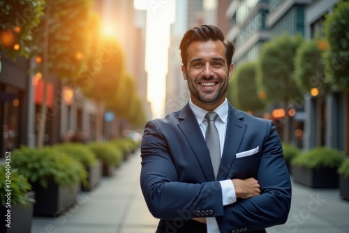 Confident young businessman in navy blue suit smiling with crossed arms standing on urban street during golden hour for corporate profile  professional success  leadership concept  city background