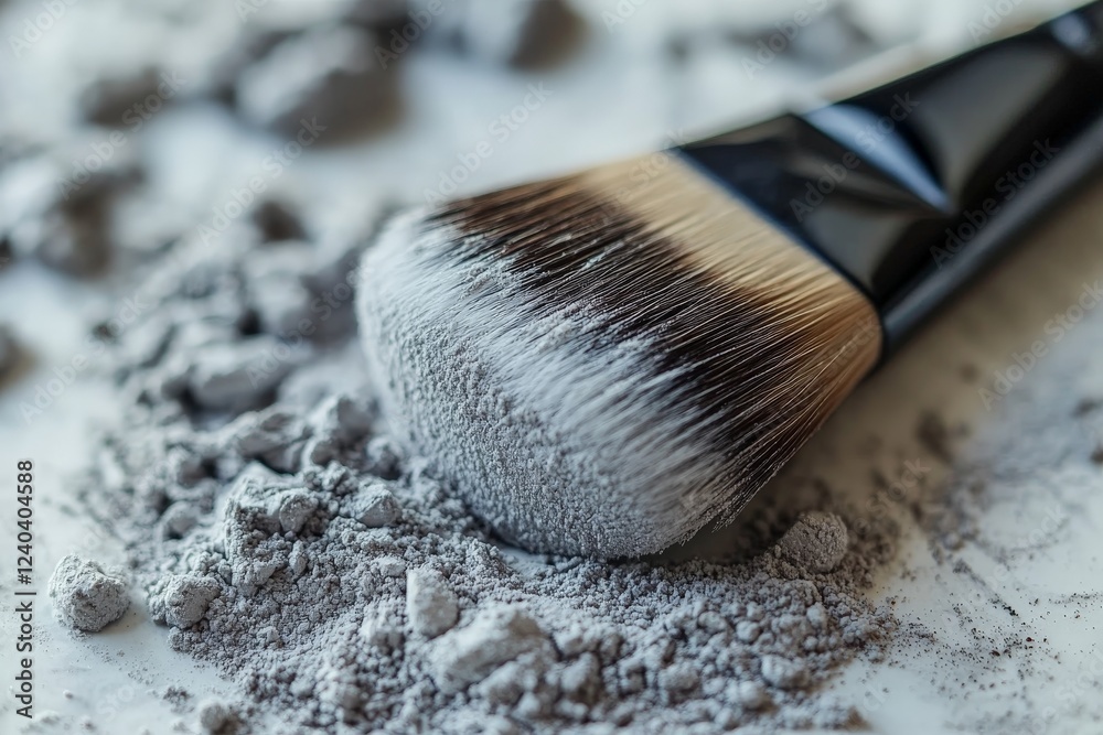 Makeup brush resting on a bed of loose gray powder in a bright, softly lit space Makeup brush resting on a bed of loose gray powder in a bright, softly lit space