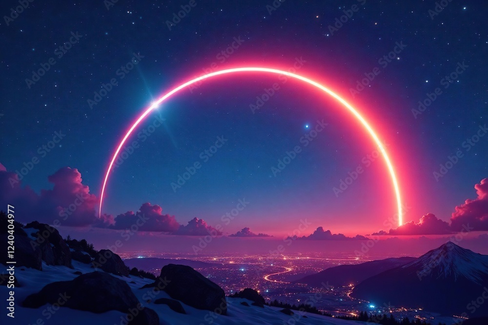 Glowing arc of light in a semicircle shape is projected onto the night sky with vibrant colors, glowing, vibrant colors Glowing arc of light in a semicircle shape is projected onto the night sky with vibrant colors, glowing, vibrant colors