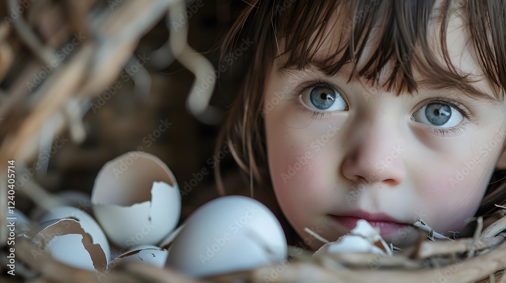 A child peering into a basket with cracked eggshells and discovering fantasy
