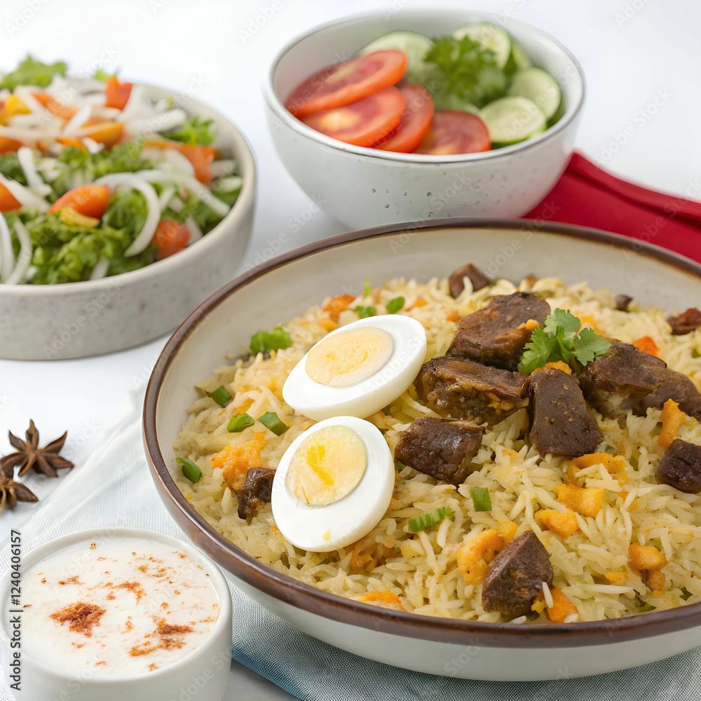 Beef Bhuna Khichuri Rice with Egg, Kheer, and Salad Beef Bhuna Khichuri Rice with Egg, Kheer, and Salad