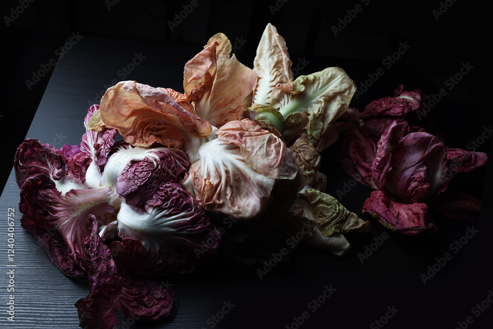 Obraz premium Natura morta; composizione con radicchi rossi e rosa su fondo scuro