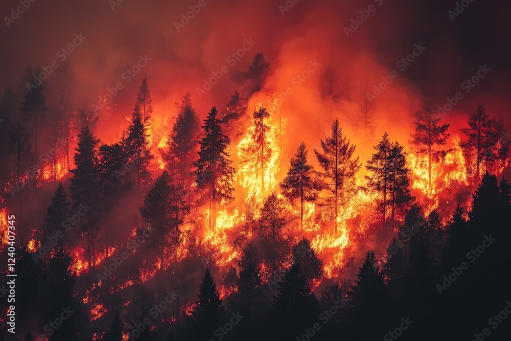 Intense wildfire burns through forested area, creating an orange glow against dark silhouettes of trees at dusk Intense wildfire burns through forested area, creating an orange glow against dark silhouettes of trees at dusk