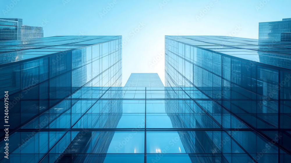 Low angle view of glass curtain wall of commercial building in city Low angle view of glass curtain wall of commercial building in city