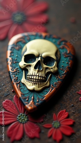 Close-up of vintage guitar pick with skull design, emblem, design