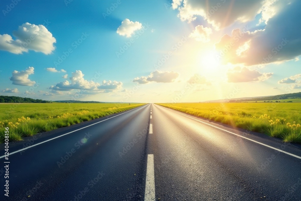 Empty asphalt road disappearing into bright sunny sky, journey, view, summer Empty asphalt road disappearing into bright sunny sky, journey, view, summer