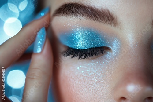 Close-up of a woman's eye with dazzling blue glitter eyeshadow and matching nails, creating a stunning wintery look.